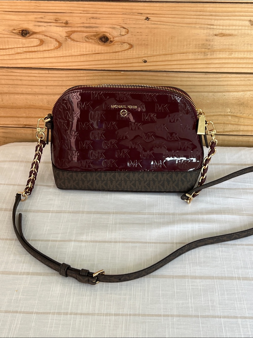 Michael Kors Burgundy Patent and Brown Logo Crossbody